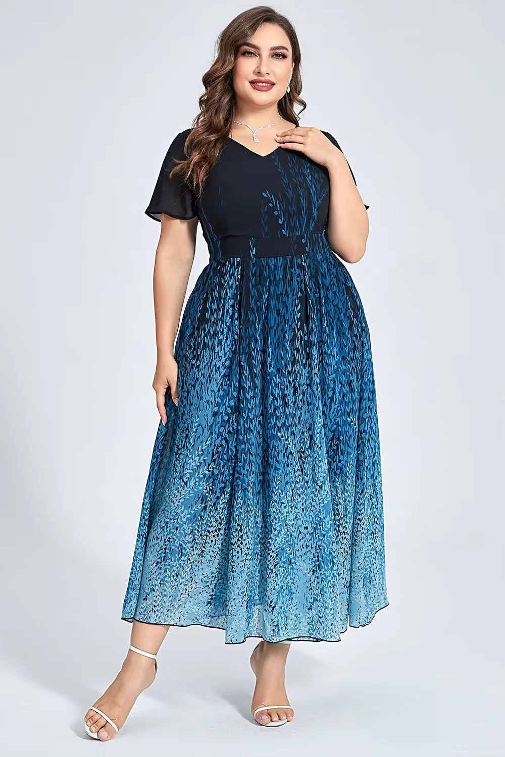 Plus size semi formal azul chiffon ombre impressão plissado manga túnica maxi vestido elegante festa casual vintage vestidos de verão 2024