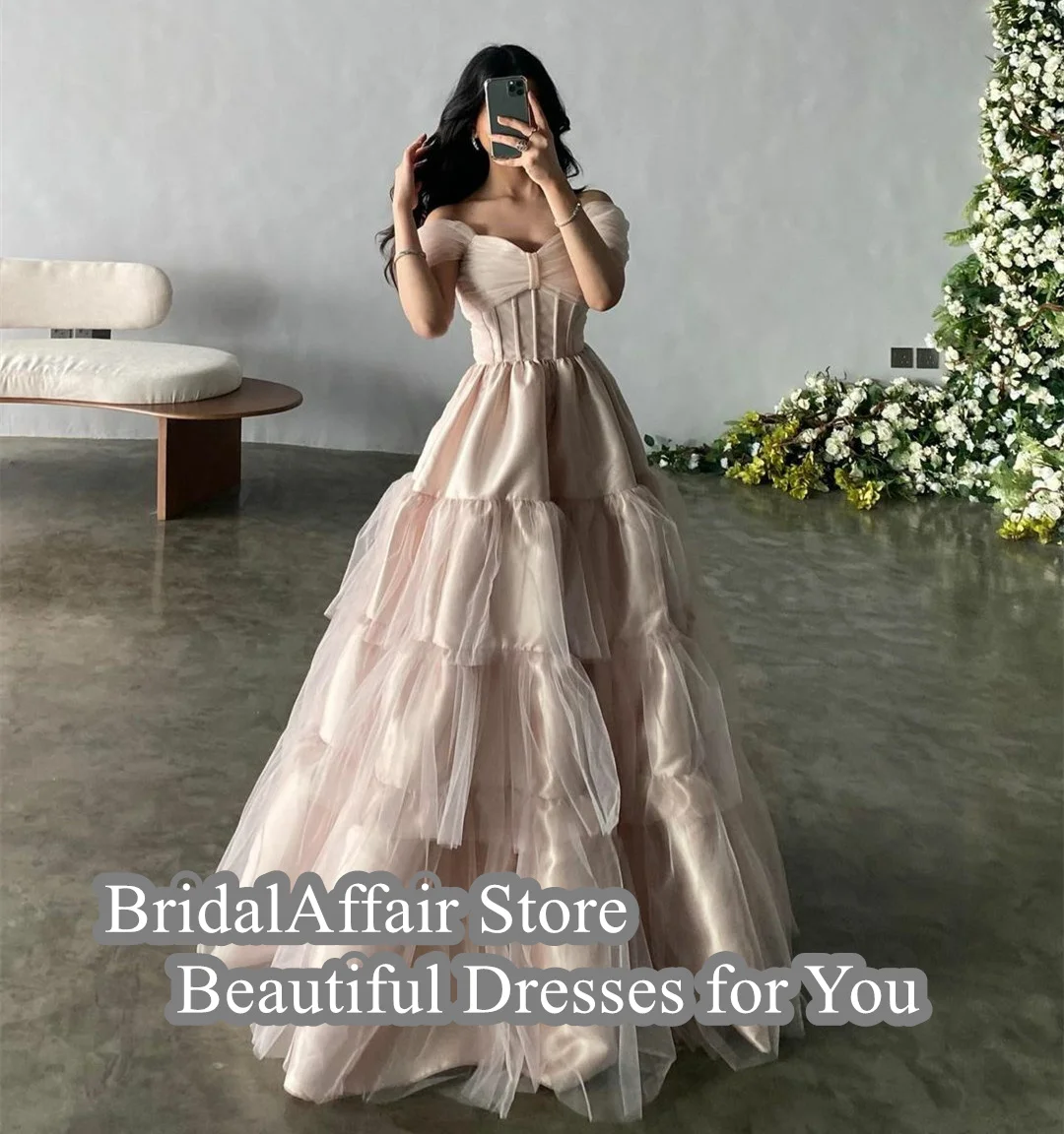 BridalAffair A-Line Off Shoulder Tulle Pink Evening Dresses Floor Length Elegant Prom Formal Dress for Women