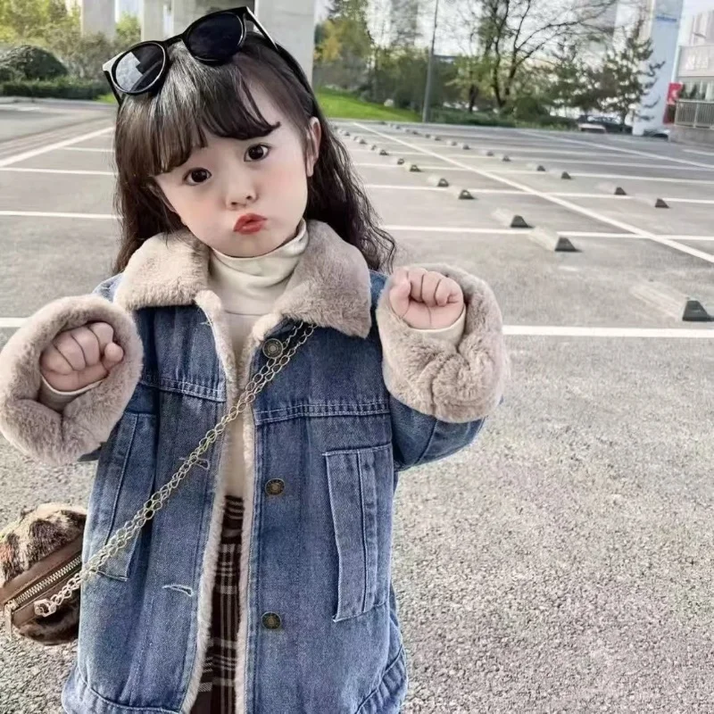 

Thickened Fleece Lined Denim Jacket Children's Warm Outerwear Spring Autumn Unisex Kids Fashionable Parent-Child Matching Clothe