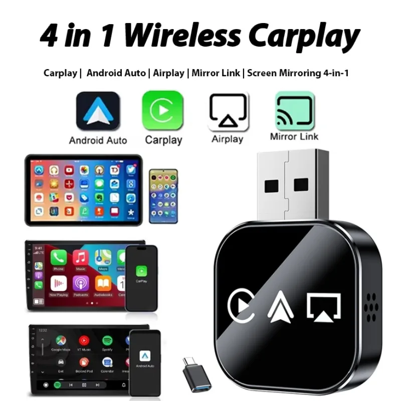 Smart Dongle 4-in-1 Wireless CarPlay Adapter for Apple iOS Airplay For Android Auto Mirror link, Plug & Play，Fast Auto-Connect
