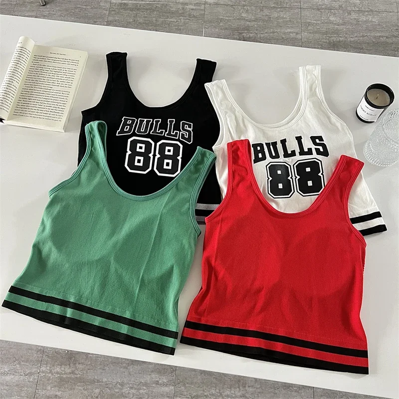 Women Letter Printed Crop Top With Pad Sleeveless Sexy Camisole Solid Basic Tube Top Female Casual Slim Summer Tank Tops