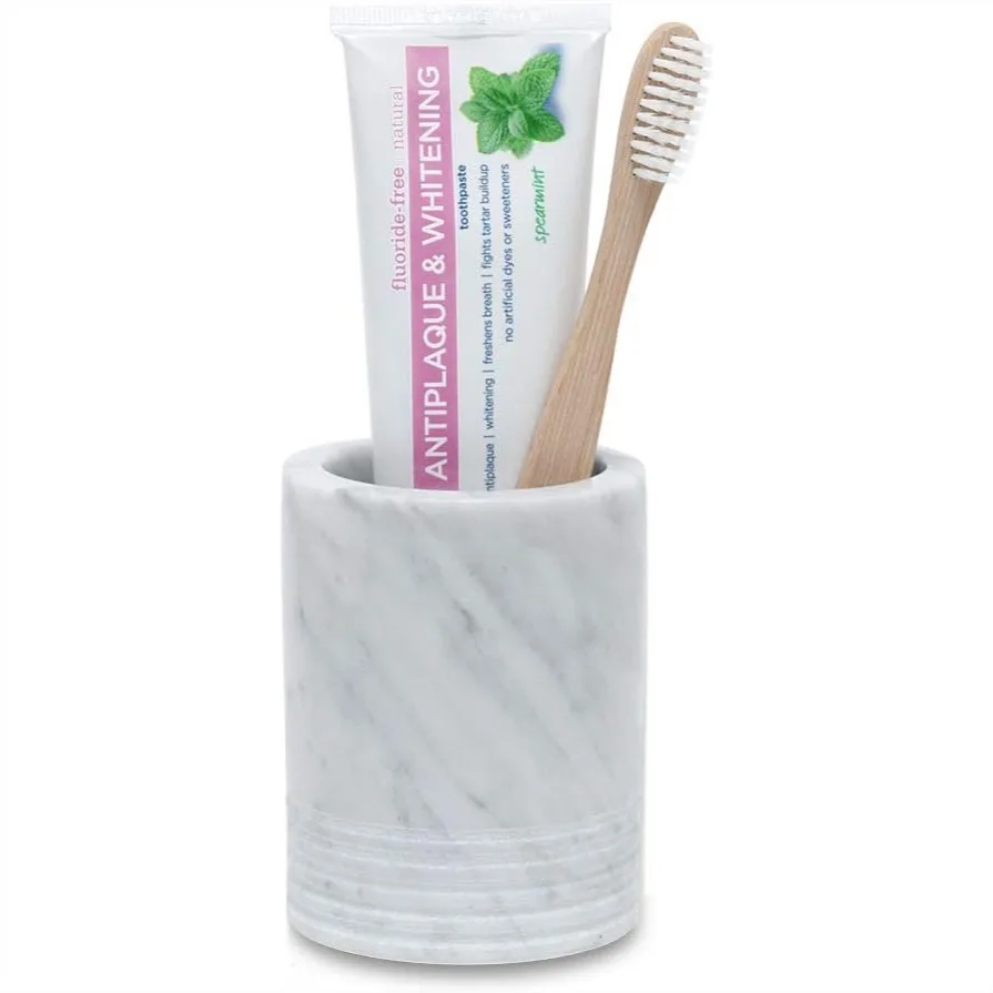 

Marble Toothbrush Holder Tumbler, Natural Stone Bathroom Countertop Organizer for Makeup Brushes