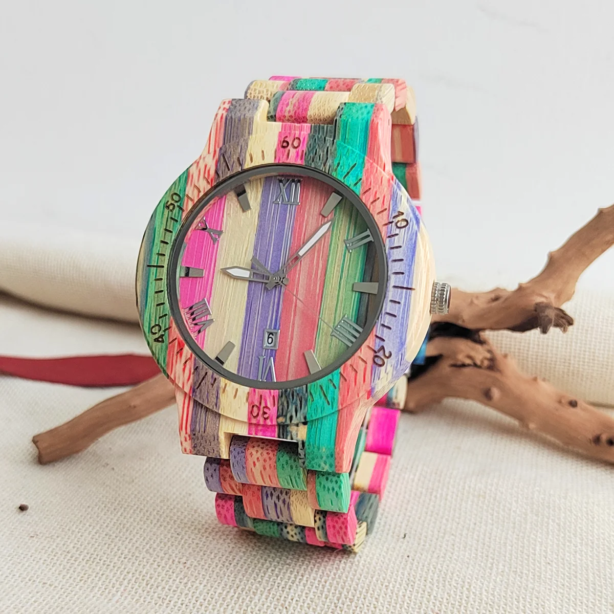 Men Quartz Watches Calendar Dial Colorful Bamboo Wooden Watch Natural Bracelet New Vintage Wood Male Best Birthday Gifts