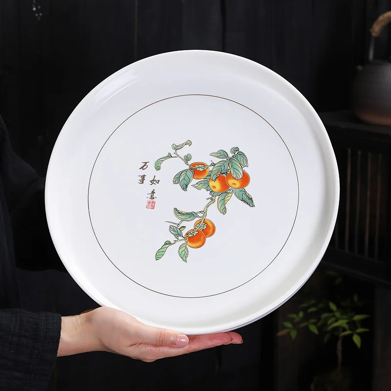 

Large Ceramic Gongfu Tea Set Tea Tray Serving Plate Fruit Candy Flat Bottom round Dehua White Porcelain Water Storage Tray
