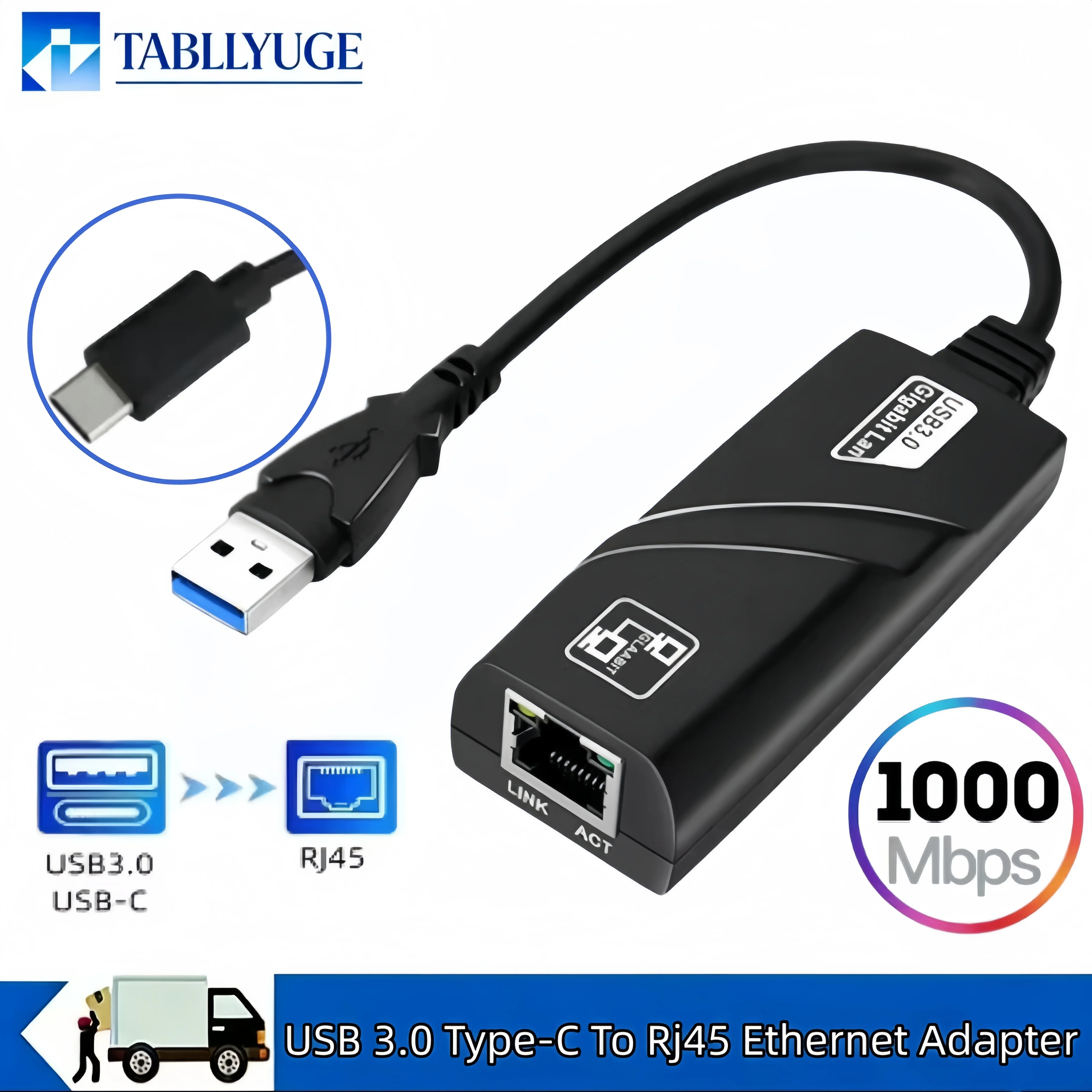 Carte réseau filaire USB 3.0, adaptateur USB vers RJ45 Type-C vers RJ45 LAN Ethernet pour PC portable MacBook Windows