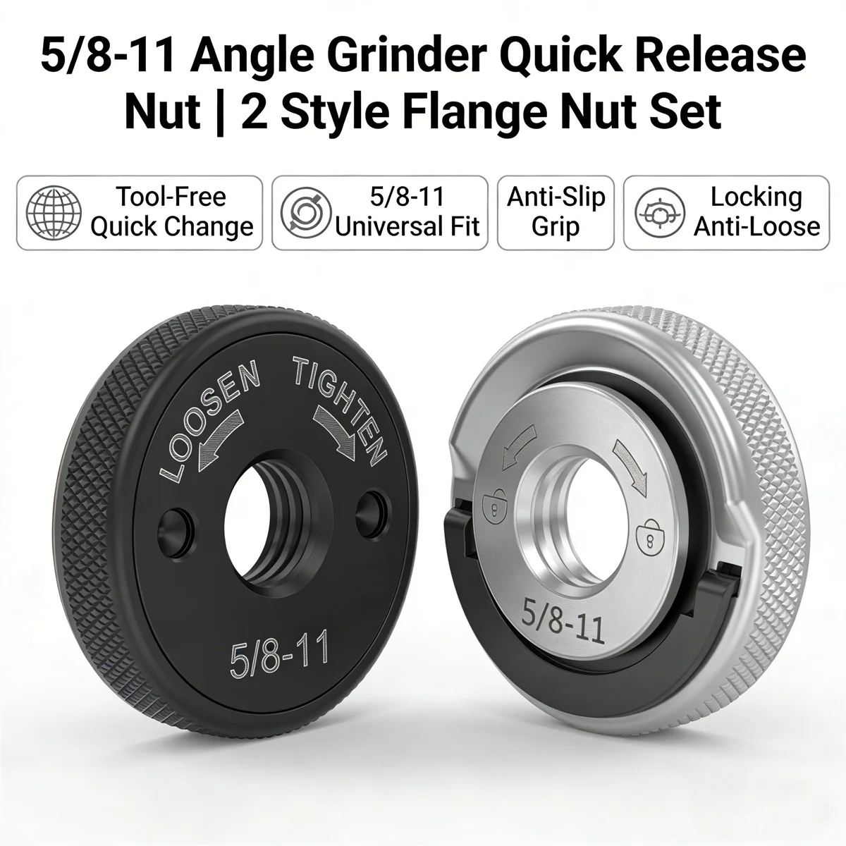 

4Pcs 5/8"-11 Angle Grinder Flange Nuts for 4-1/2" 5" 7" 9" Grinders D-Ring & Knurled Arbor Nut Quick Change Grinder Flange Lock