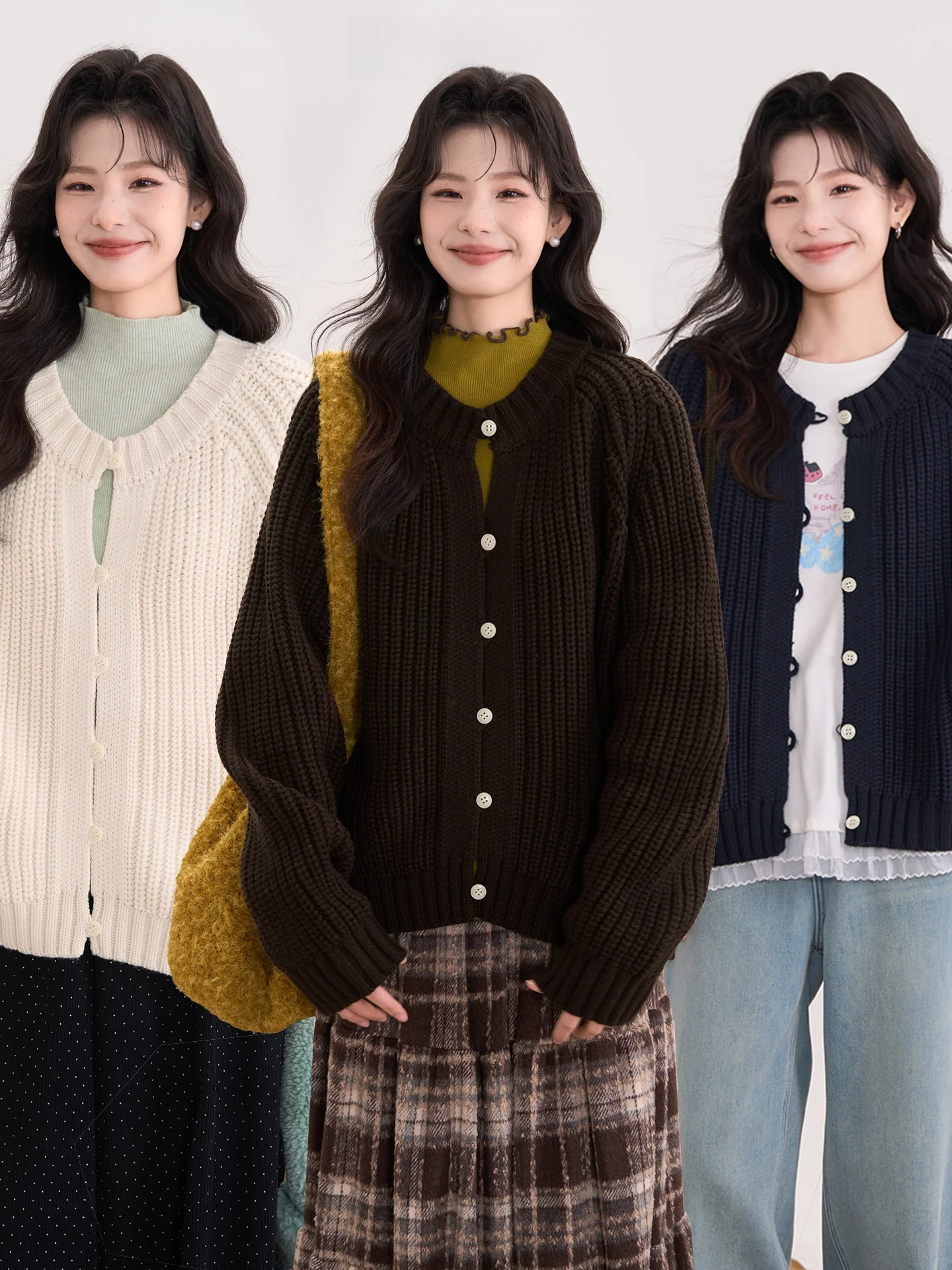 

Soft Star Roll Knitted Sweater Coat Women's Winter Fashion Artistic round Neck Open Cardigan Thick Long Sleeve Loose Fit