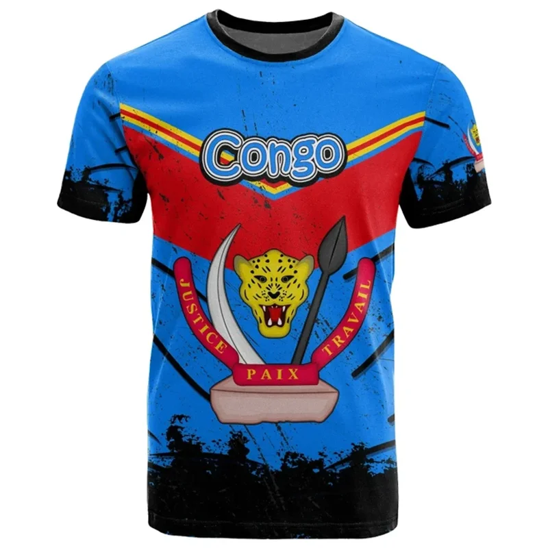 Democratic Republic of Congo Flag Pattern T-shirt National Emblem Men's T-shirt Summer Leisure Sports Short Sleeve shirt Men Top