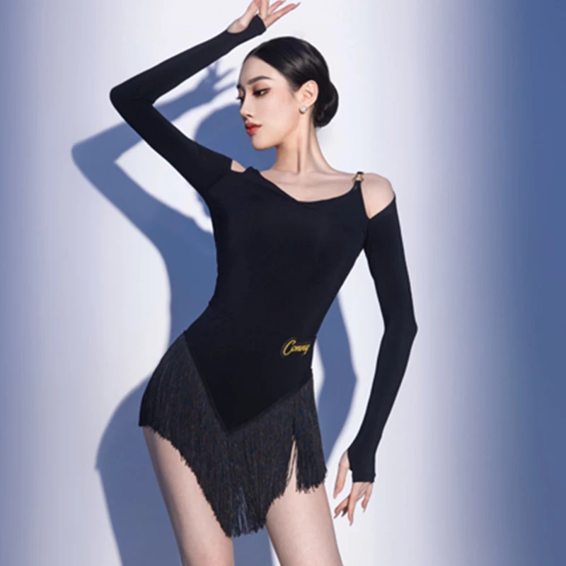 

Зимняя тренировочная одежда для латинских танцев для женщин, черное боди с длинными рукавами, юбка с бахромой для взрослых, комплект для практики ча-ча-самбы VBH2426