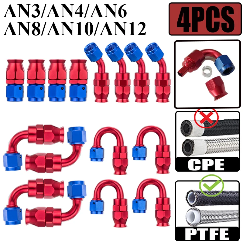 4X 3AN 4AN 6AN 8AN 10AN 12AN Straight 0 45 90 180 Degree Swivel Hose End Fitting Adapter For PTFE E85 Oil Fuel Gas Line Red Blue