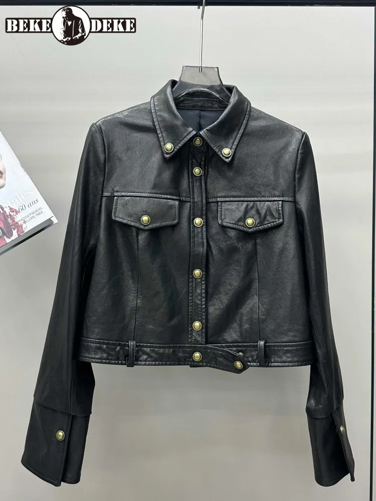 Damska kurtka motocyklowa z prawdziwej skóry, jesień, jednorzędowa, punkowa, z wykładanym kołnierzem, krótki płaszcz, odzież uliczna, casualowa odzież wierzchnia, damska.