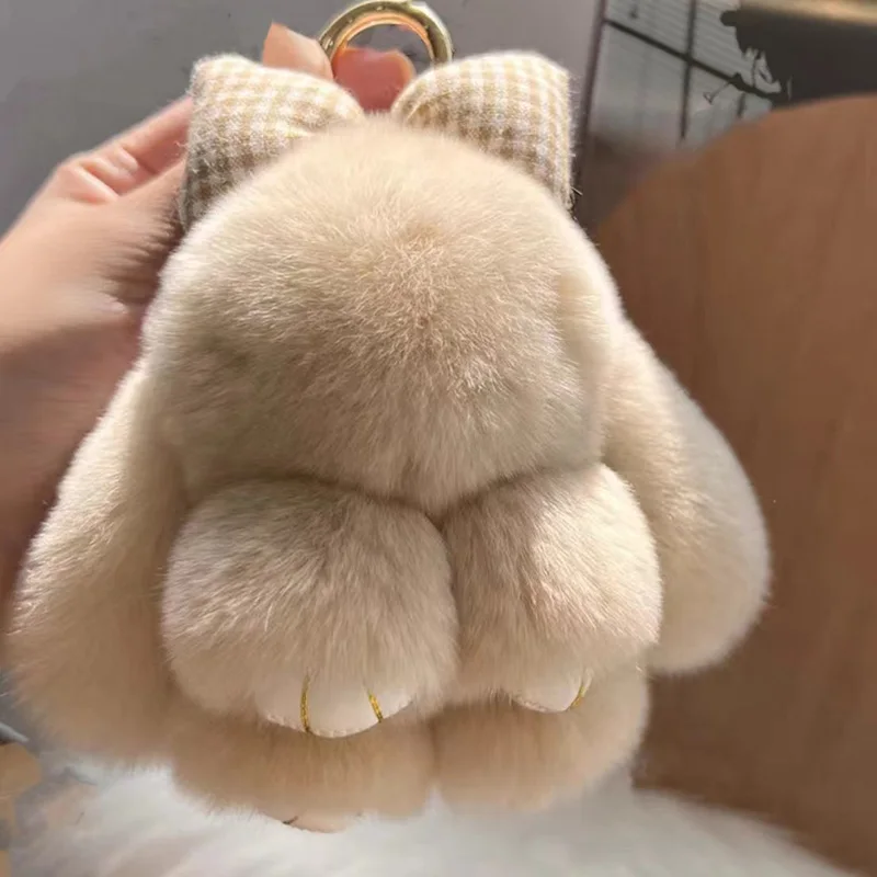 Bonito real lontra coelho com bowknot pequeno coelho carro chaveiro pingente brinquedo de pelúcia mochila decoração