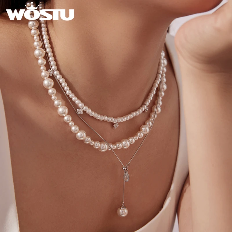 

WOSTU 925 Sterling Silver Multi Layer Pearl Necklace For Women, Y-Shape CZ Pearl Pendant Elegant Valentine's Day Wedding Jewelry