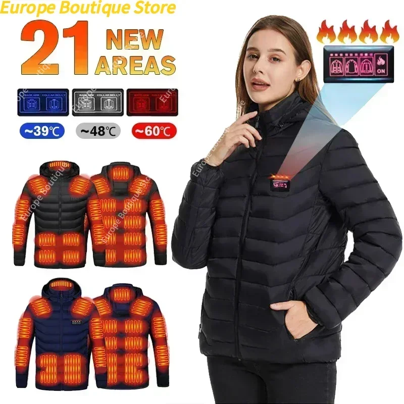 21 áreas chaquetas calefactoras para hombre, chaqueta con capucha USB, chaleco cálido para mujer, senderismo, Camping, invierno, ropa calentada al aire libre a prueba de viento