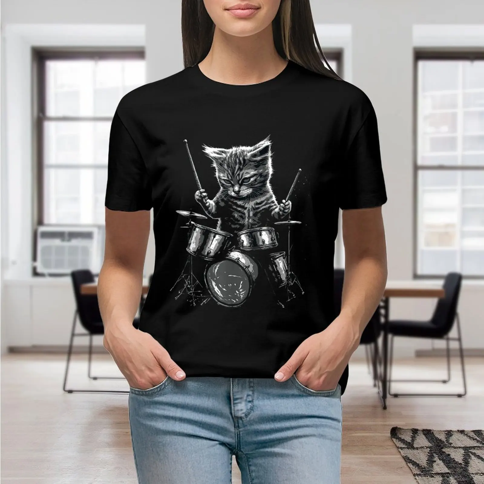 Punk Rockstar Kitten Kitty Cat Drummer Playing Drums T Shirt Graphic Shirt Casual Shorts Sleeved Female Tee T-Shirt Size S-4XL