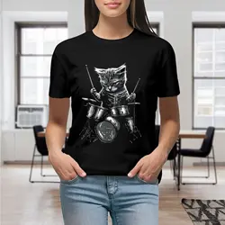 Punk Rockstar Kitten Kitty Cat Drummer Playing Drums T Shirt Graphic Shirt Casual Shorts Sleeved Female Tee T-Shirt Size S-4XL