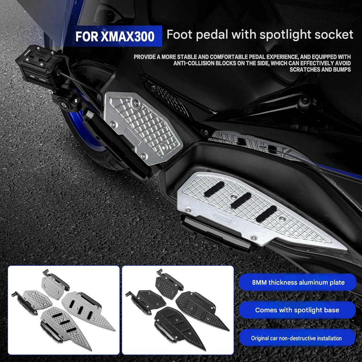 For Yamaha XMAX 300 21-25 models are equipped with aluminum pedal assembly and LED lamp holder Footpeg With Spotlight Bracket