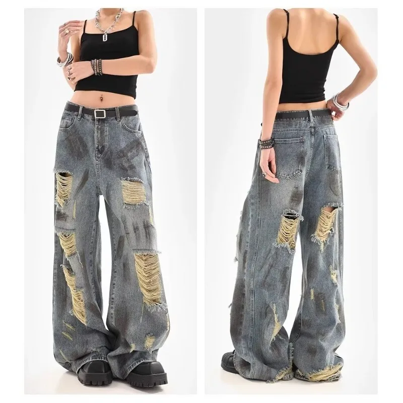 

Summer 2025 New American Loose Drap Wide-leg Pants Old Vintage Ripped Blue Jeans High Stretch Mid Rise Straight Leg Trousers