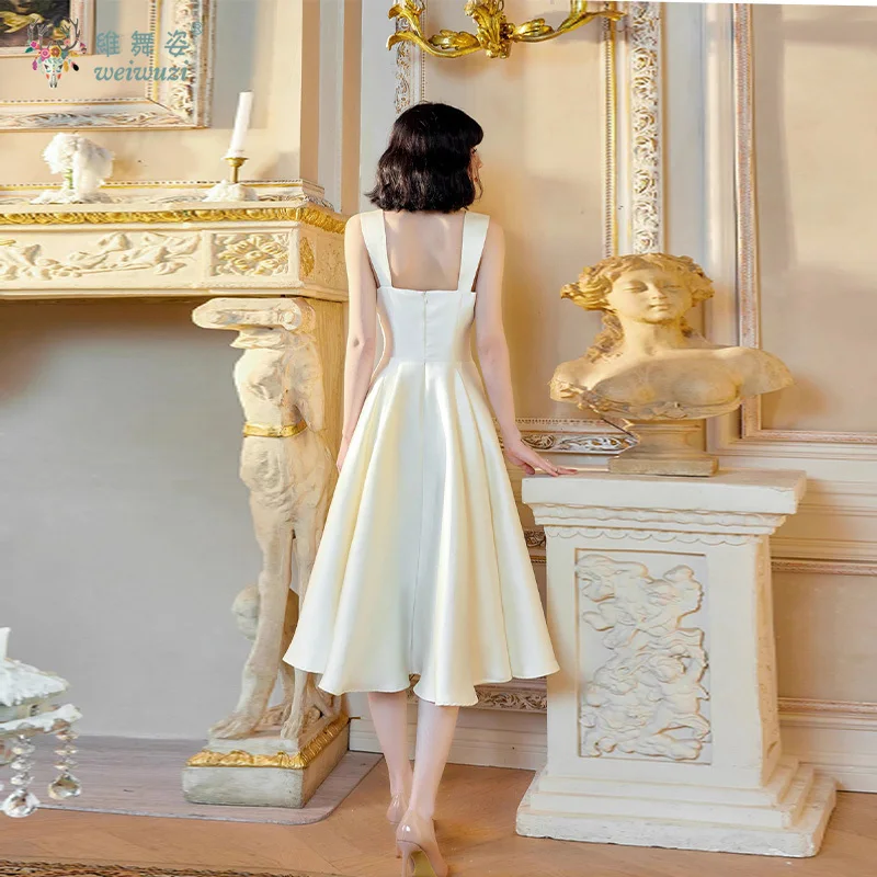 Estilo francês minimalista retro branco camisola a linha fino ajuste cintura cinched vestido de noite para socialites reunindo vestido de noite