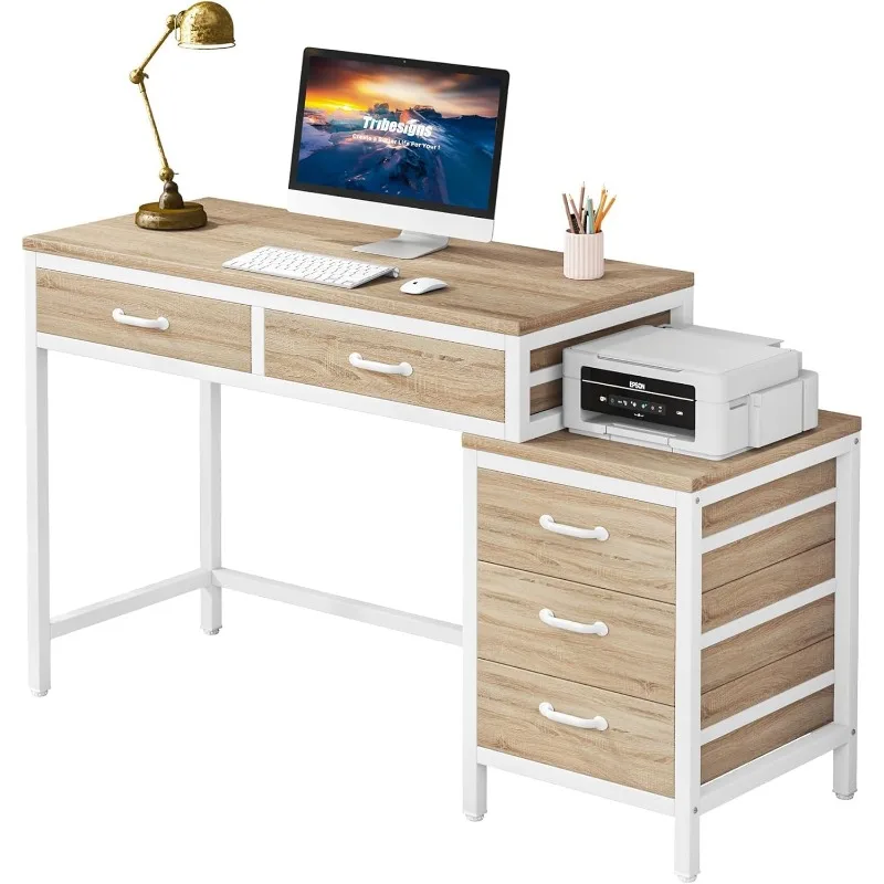 

Computer Desk with 5 Drawers, Home Office Desks with Reversible Drawer Cabinet Printer Stand, Industrial PC Desk with