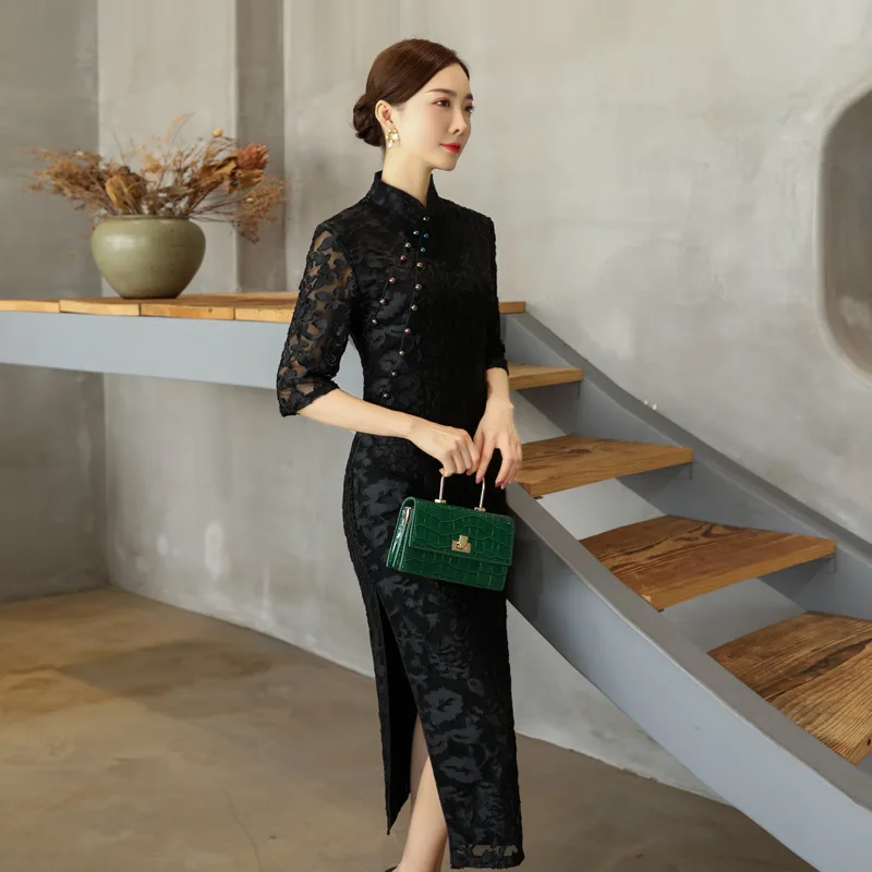 Cheongsam Elegant Retro Long Slim-Fit Dress High Slit Ruffle Lace Costume Mom