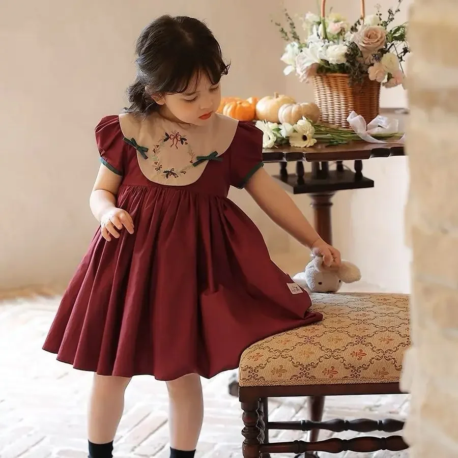 2023 Children Embroidery Dress for Girls Vintage Kids Long Sleeve Emboridered Flowers Dresses Baby Cotton Maxi Frocks Boutique