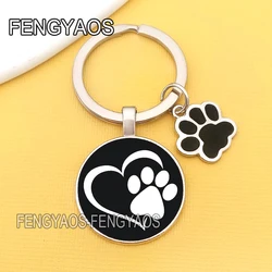 Cute Dog Paw Print Keyrings for Door Lovely Cat Footprint Keychains Women Glass Dome I Love Dogs Key Chain