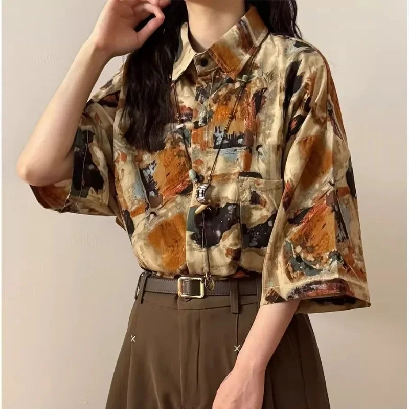 DAYIFUN Women\'s Brown Ink Printing Shirt Summer American Vintage Loose Short Sleeved Shirt Girls Preppy Style Versatile Tops