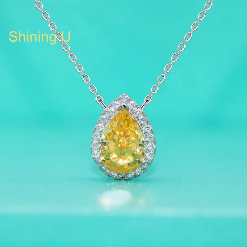 

Shining U S925 Silver High Carbon Daimond Pear 7*10mm Yellow Gems Jewelry Set Necklace for Women Fine Jewelry Gift