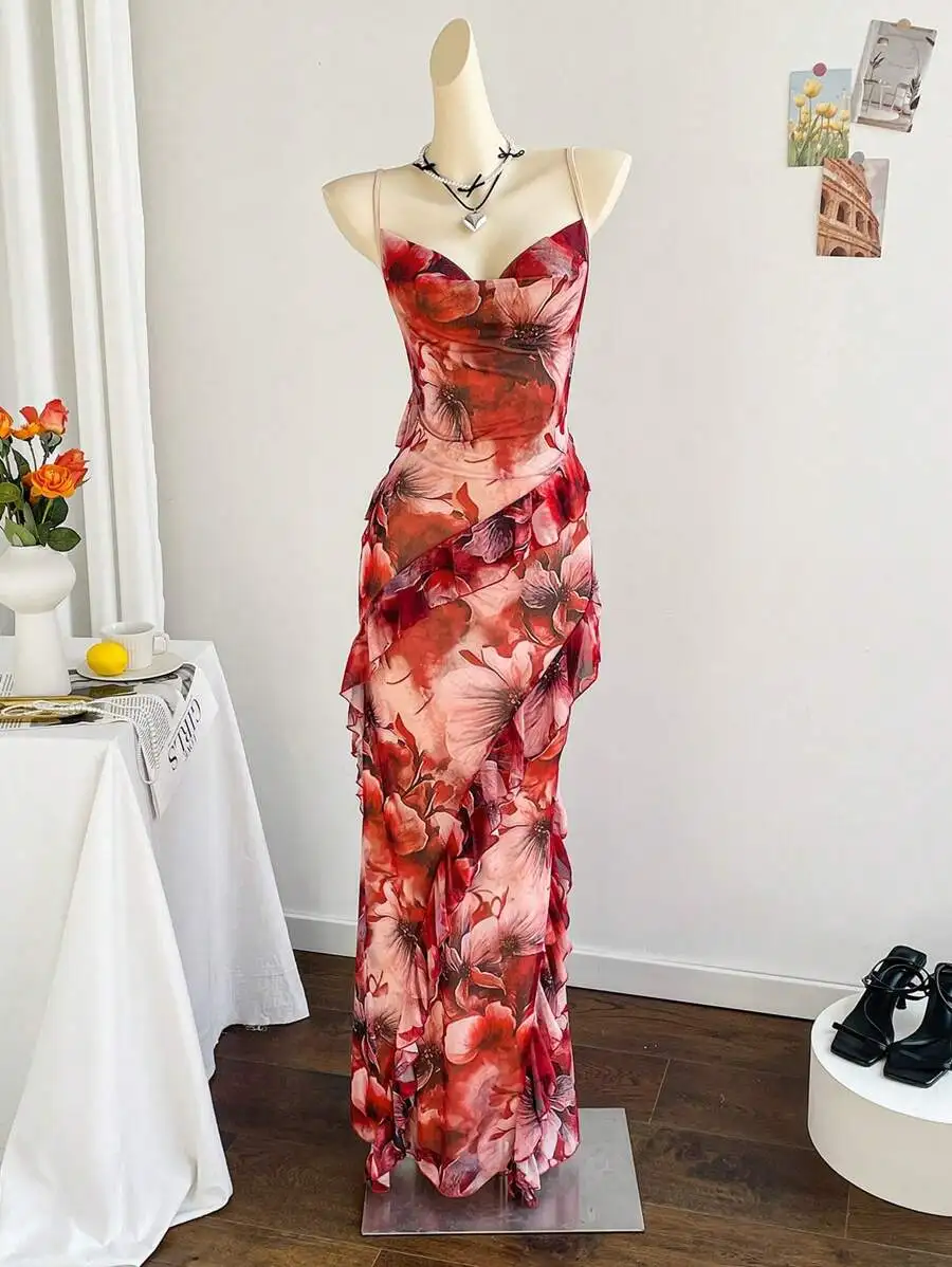 

Women's Red Floral Print Draped Neck Ruffle Hem Maxi Dress