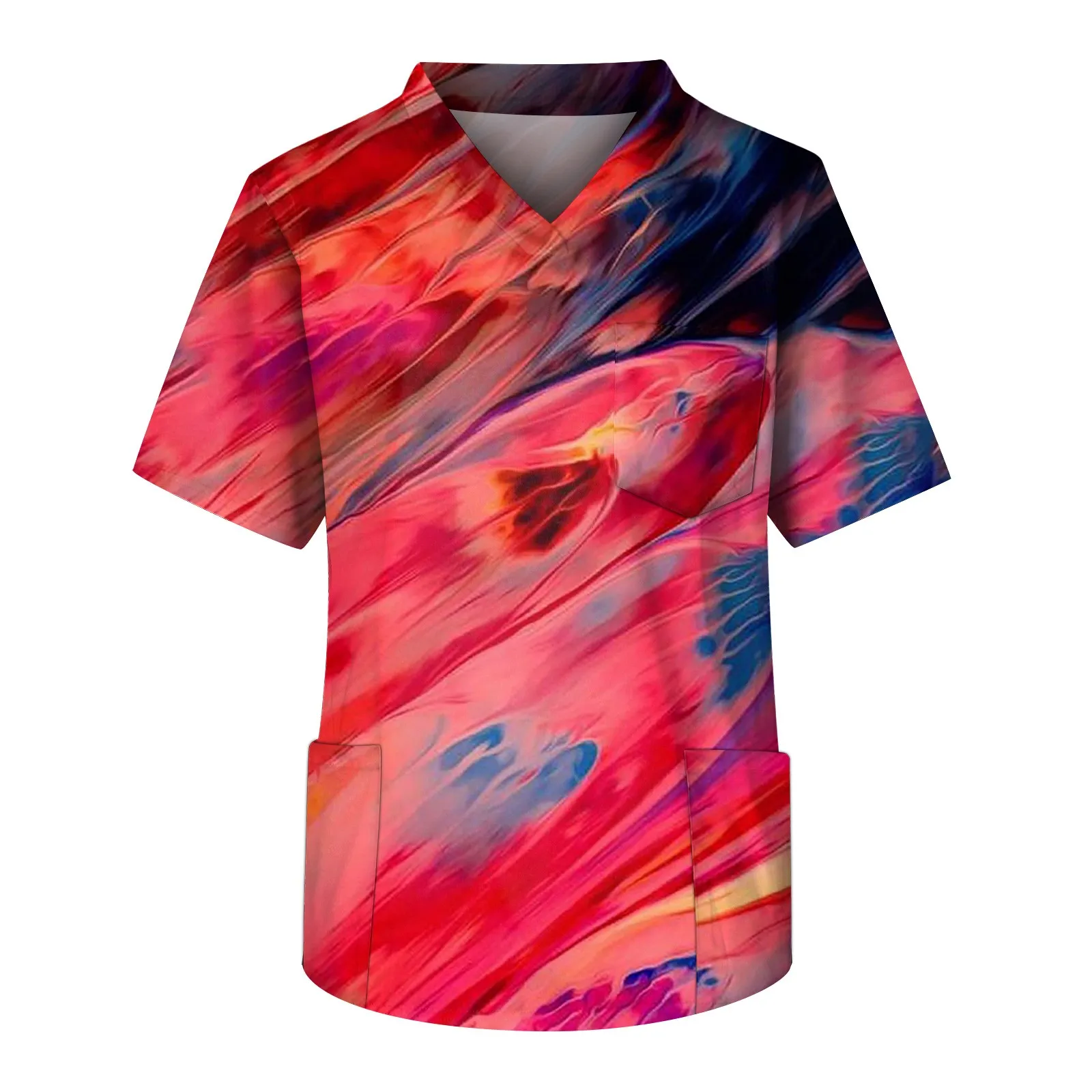 Heren Korte Mouw V-Hals Gradiënt Print Borstzak Verzorger Top Gezondheidszorg Kliniek Kleding Verpleegkundige Uniform Zomer Oversized T-Shirts