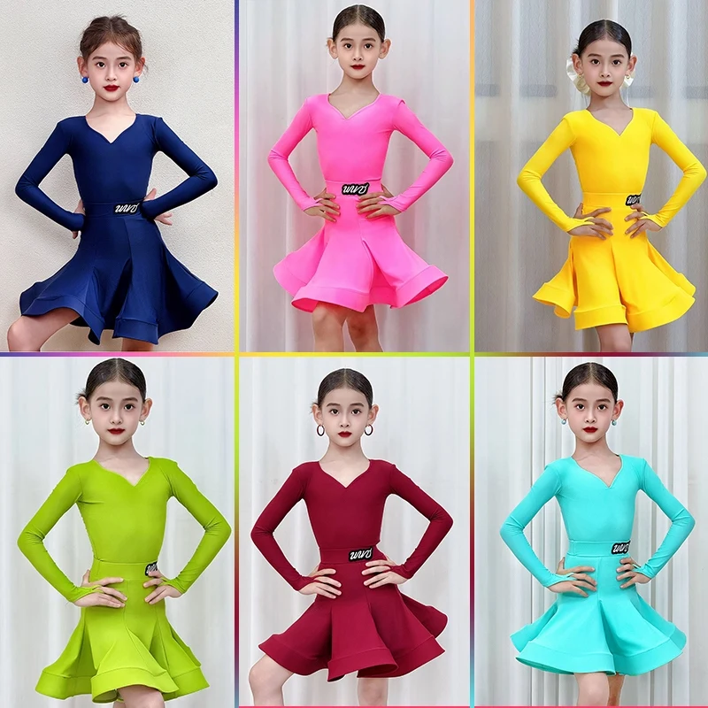 Traje profissional de dança de salão de mangas compridas para crianças meninas padrão nacional vestido de dança latina roupas de palco sl14030