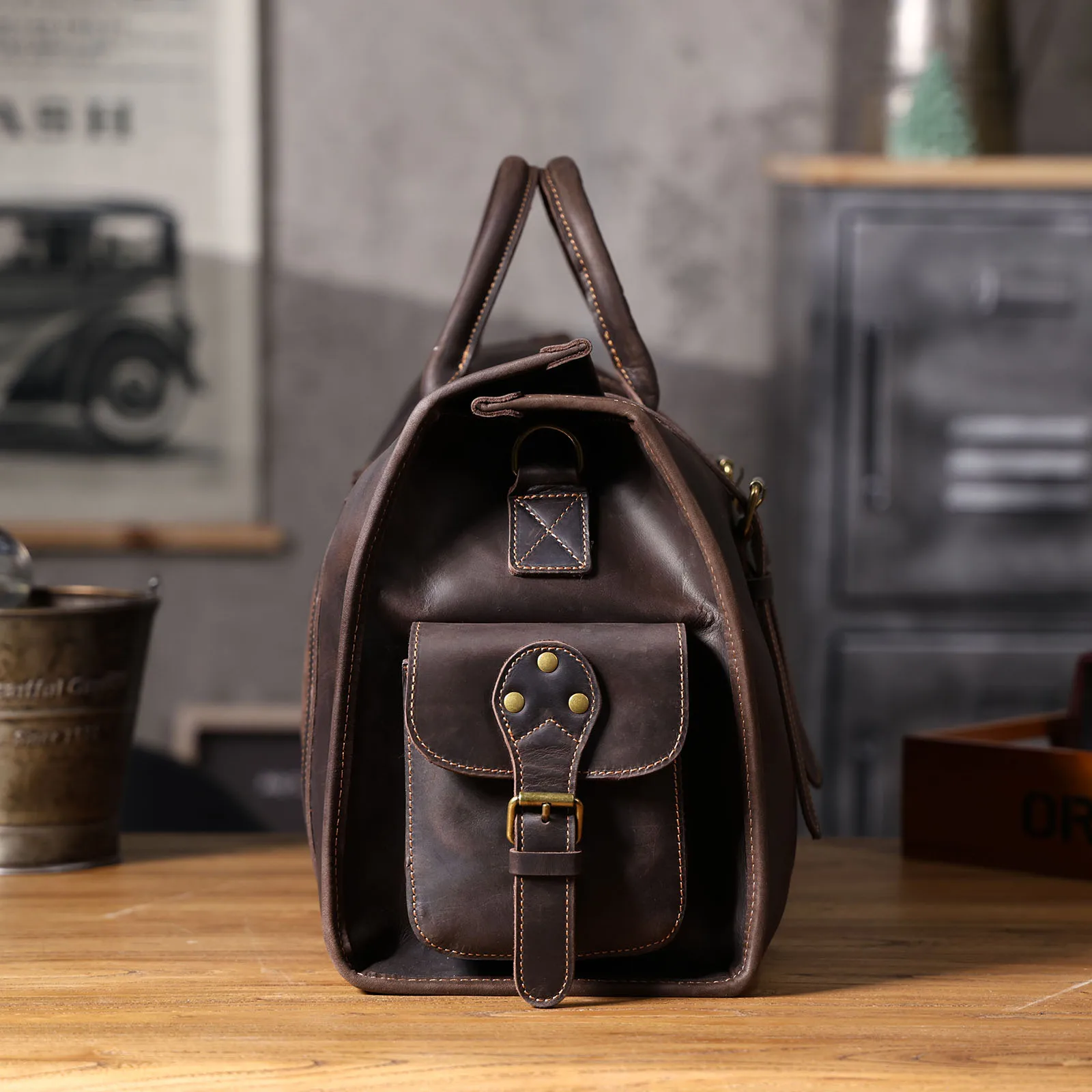 Vintage Echtleder-Reisetasche für Herren, Große Kapazität, Leder-Sporttasche, Klassischer Stil, Wochenendtasche, Übernachtungstasche – Detail 9