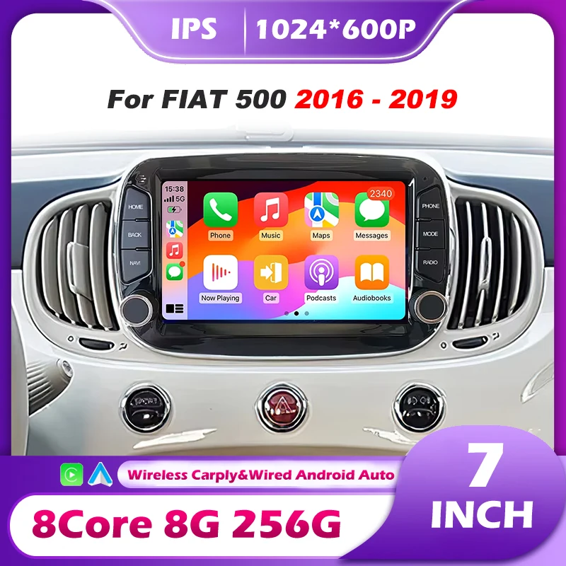 Carplay Android 16 Auto para Fiat 500 2016-2019, Radio para Auto, Reproductor Multimedia de Video, Estéreo BT, Autoradio, Herramientas de Navegación GPS, FM