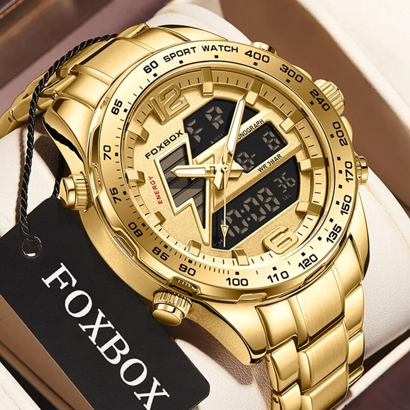 Reloj 2023 de doble pantalla para hombre, reloj de lujo de marca superior, reloj deportivo de cuarzo militar a la moda, resistente al agua, reloj cronógrafo dorado