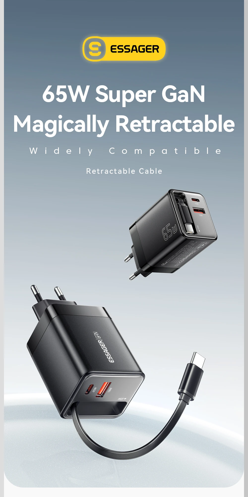 Essager 65W USB-Ladegerät mit Schnellladefunktion und Integriertem Einziehbarem Typ-C-Kabel für Laptops iPhone 16 15 14 Typ-C Reiseladegerät – Detail 2