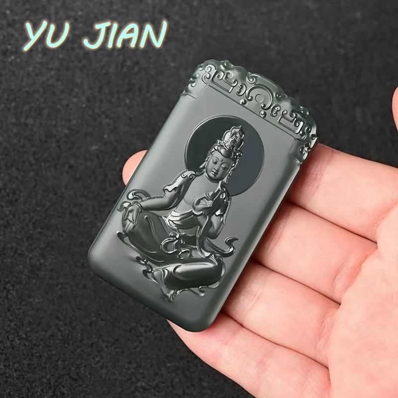 New Natural Hand Made Jade Carving Sitting Guanyin Black And Green Pendant Emerald Necklace Exquisite With Chain Jewellry