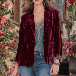 Beliebte Einzigen Taste Warme Herbst Winter Goldenen Samt Revers Büro Anzug Jacke 3D Schneiden Büro Damen Blazer Oberbekleidung