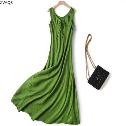 ZVAQS 100% mullbärssidensklänning kvinna sommar 2025 vintage grön ärmlös långklänning festklänningar damkläder платье 10 best sales 100 sidenklänningar - №3