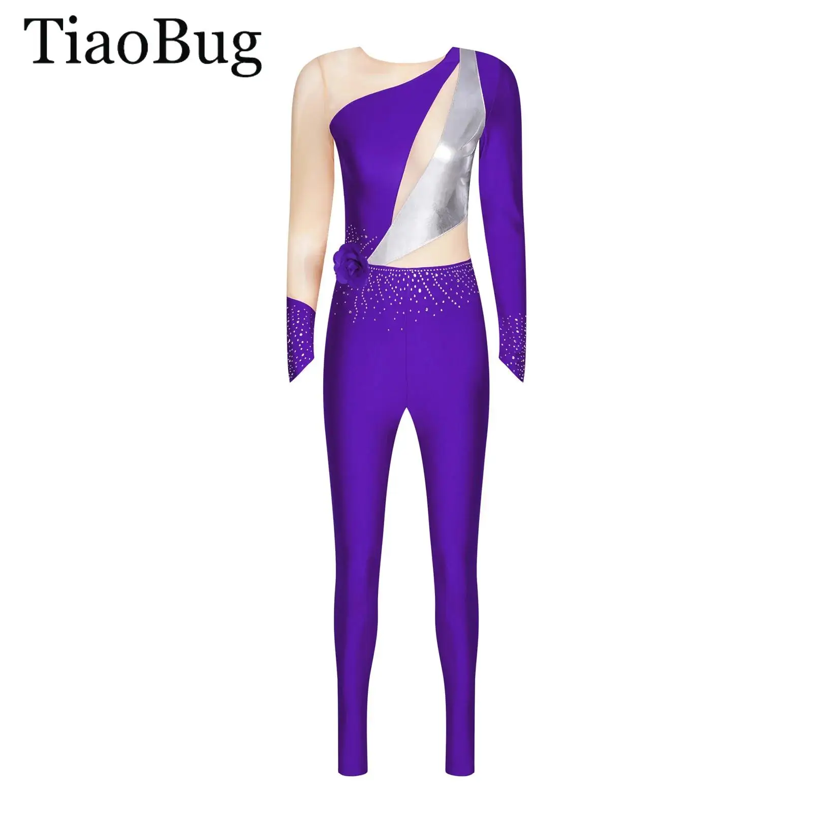 

Women Gymnastics Ballet Dance Leotard Figure Skating Jumpsuit Long Sleeve Rhinestones Dance Bodysuit Acrobatic Stage Performance