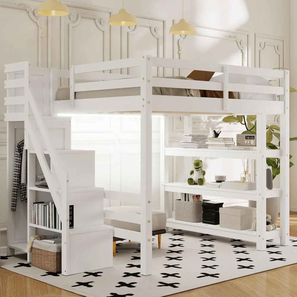 

Full Size Loft Bed with Stairs and Storage Shelves, Wooden Loft Bed Frame with Lights and Bookshelf, Space-Saving Loft Beds for