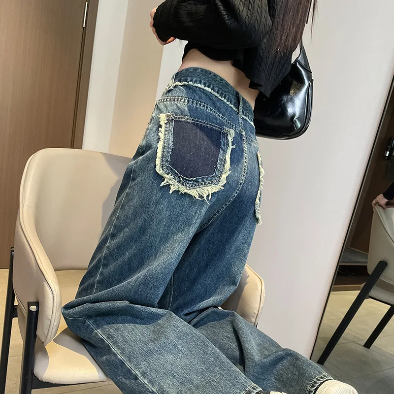 Women Denim Jeans Autumn Winter High Street Casual Blue Black Washed Pockets Tassel Wide Leg Stright High Waist Trousers Pants