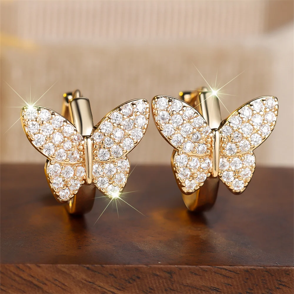 Niedliche kleine Schmetterlings-Creolen mit weißen Zirkonsteinen für Damen, Vintage-Ohrringe in Goldfarbe, Hochzeitsschmuck, Muttertagsgeschenke