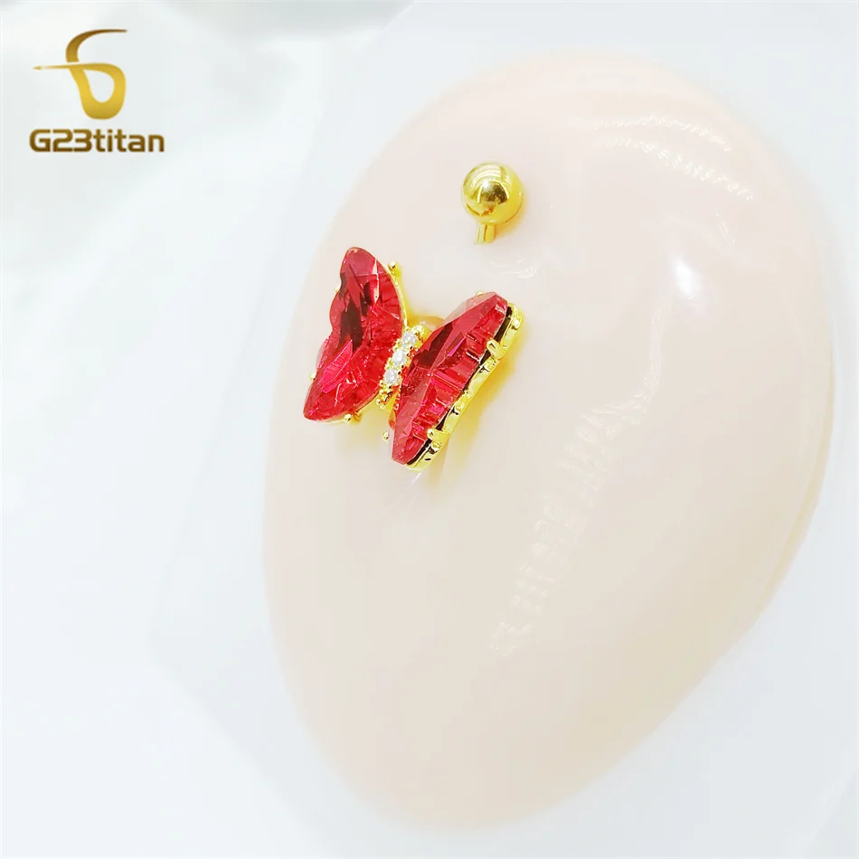 G23titan Women Summer Jewelry Red Crystal Butterfly Navel Ring 14G Titanium Steel Belly Button Bar Body Piercing Sexy Accessory image 3