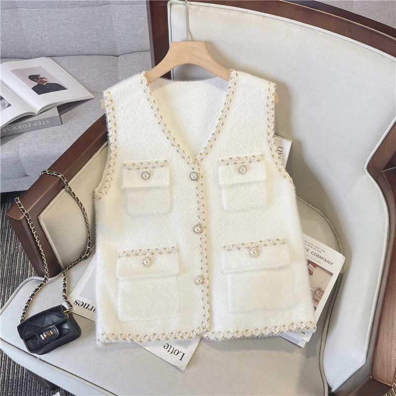 Mohair Knit Vest with Flap Pocket Pearl Button Gold Thread Brush Sleeveless Cardigan Sweater Women Fall Winter Classic Outfit