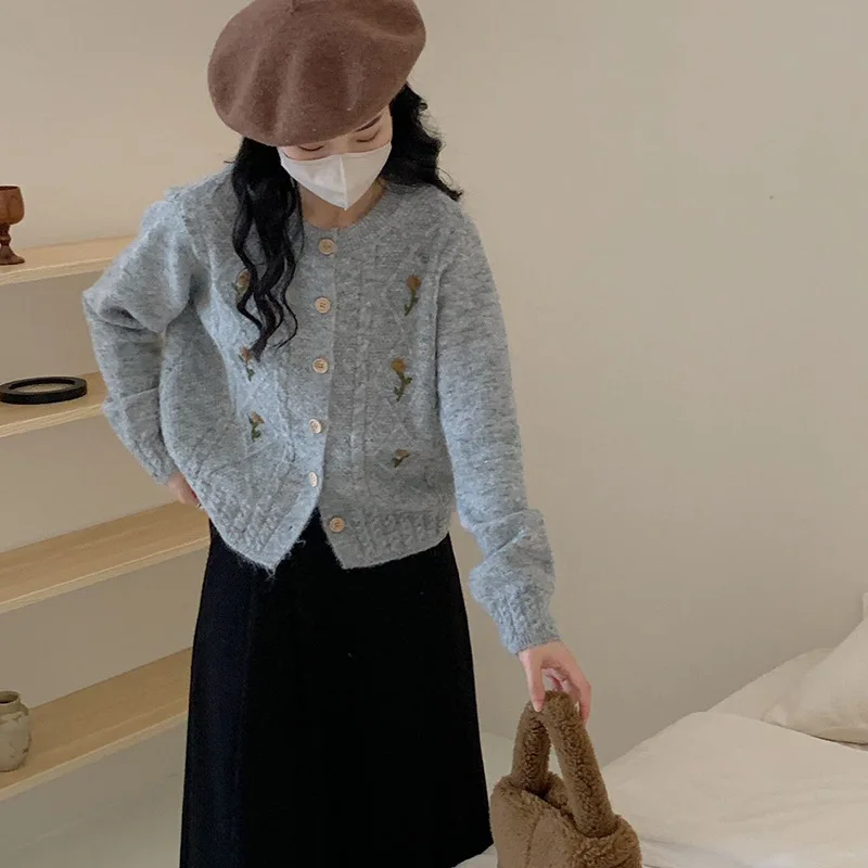 

Женский корейский кардиган с вышивкой — винтажный мягкий и уютный вязаный свитер с открытой передней частью на осень