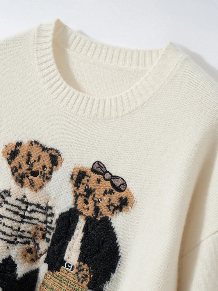 Autumn Winter Women's O-neck Cashmere Pullovers Sweater 100% Cashmere Knitwear Bear Pattern Soft Grace Long Sleeve Clothing Tops