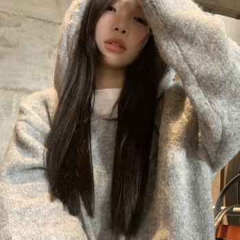 그레이 스웨터 자켓 여성 가을/겨울 루즈 피트 게으른 스타일 자른 후드 쁘띠 니트 탑 겉옷 스웨터 셔츠