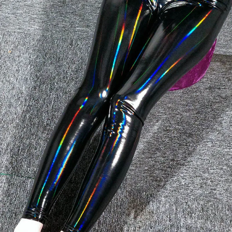 Women Colorful Shiny Leather Leggings Black Mirror Reflective Stretch Leather Pants Skinny Thin Leather Pencil Trousers Legging