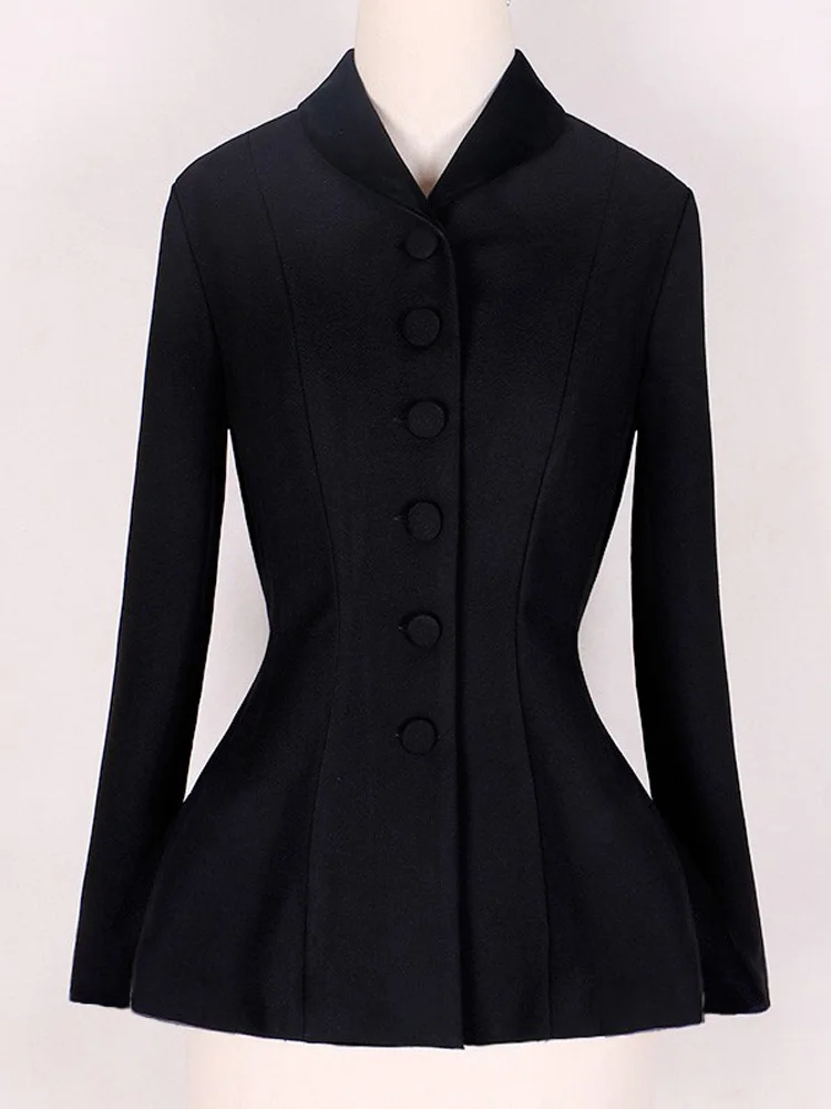 Retro Temperament Slim Autumn And Winter High Waist Long Sleeve Suit Sexy Smoking Cardigan Black Coat Female Office Lady OL